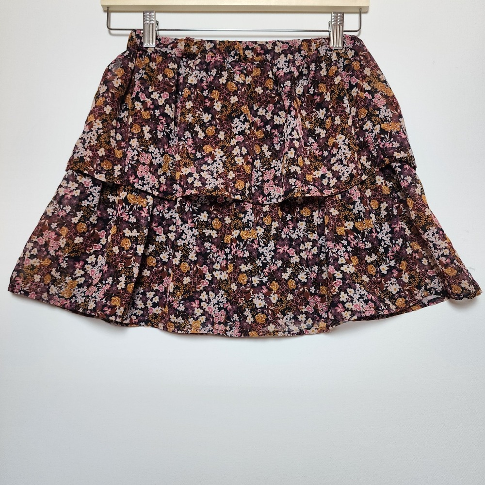 Koko + Mason Floral Tiered Ruffle Mini Skirt Black Pink Gold Size XL